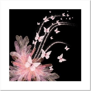 Pink Flower Butterflies illustration Posters and Art